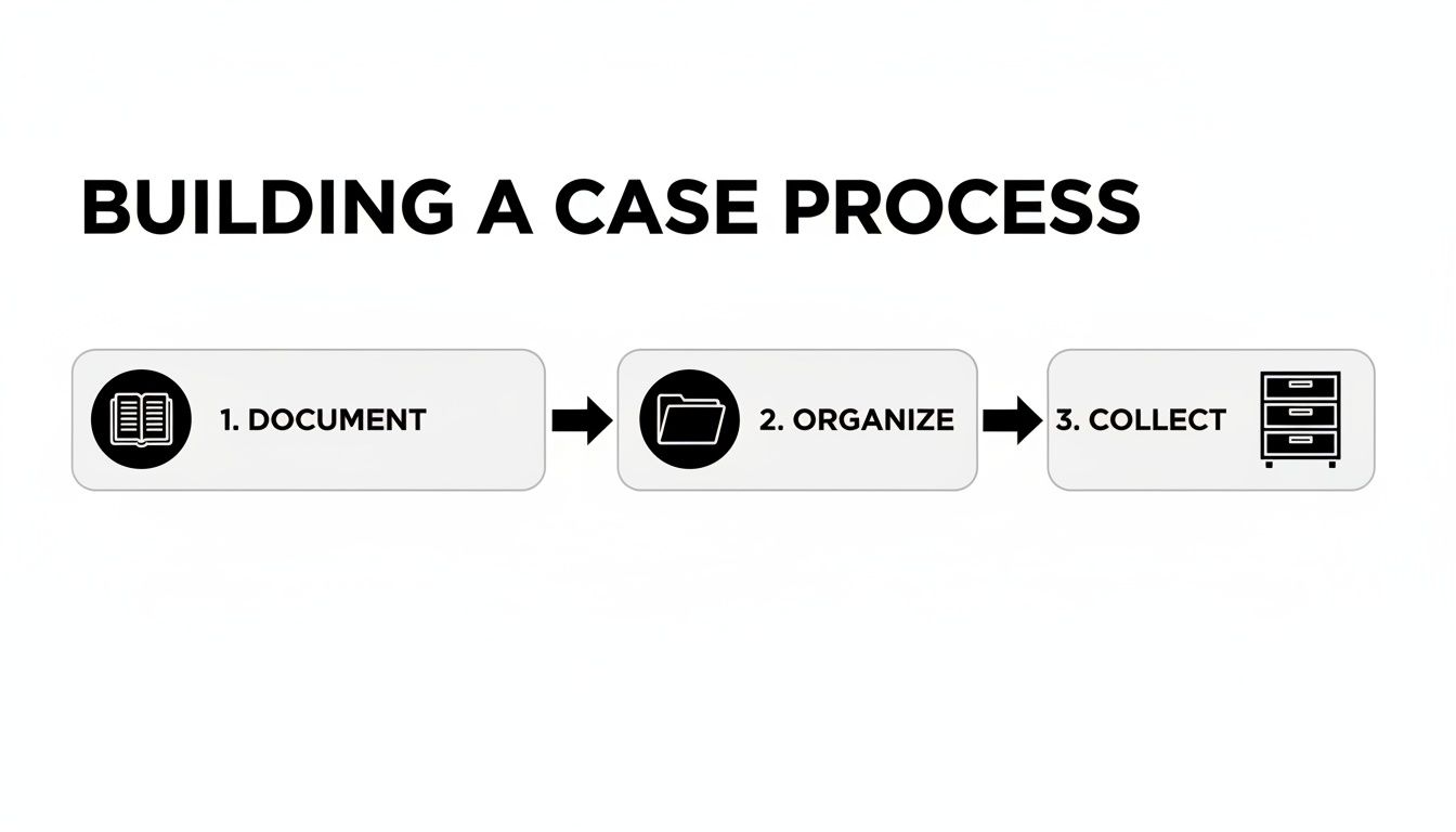 A three-step process diagram illustrating how to build a case: document, organize, and collect.