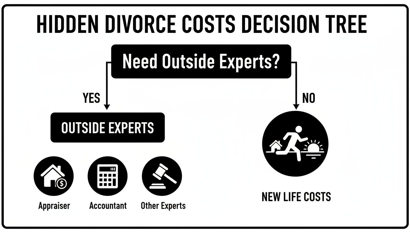 A decision tree illustrating hidden divorce costs, evaluating the need for outside experts versus new life costs.