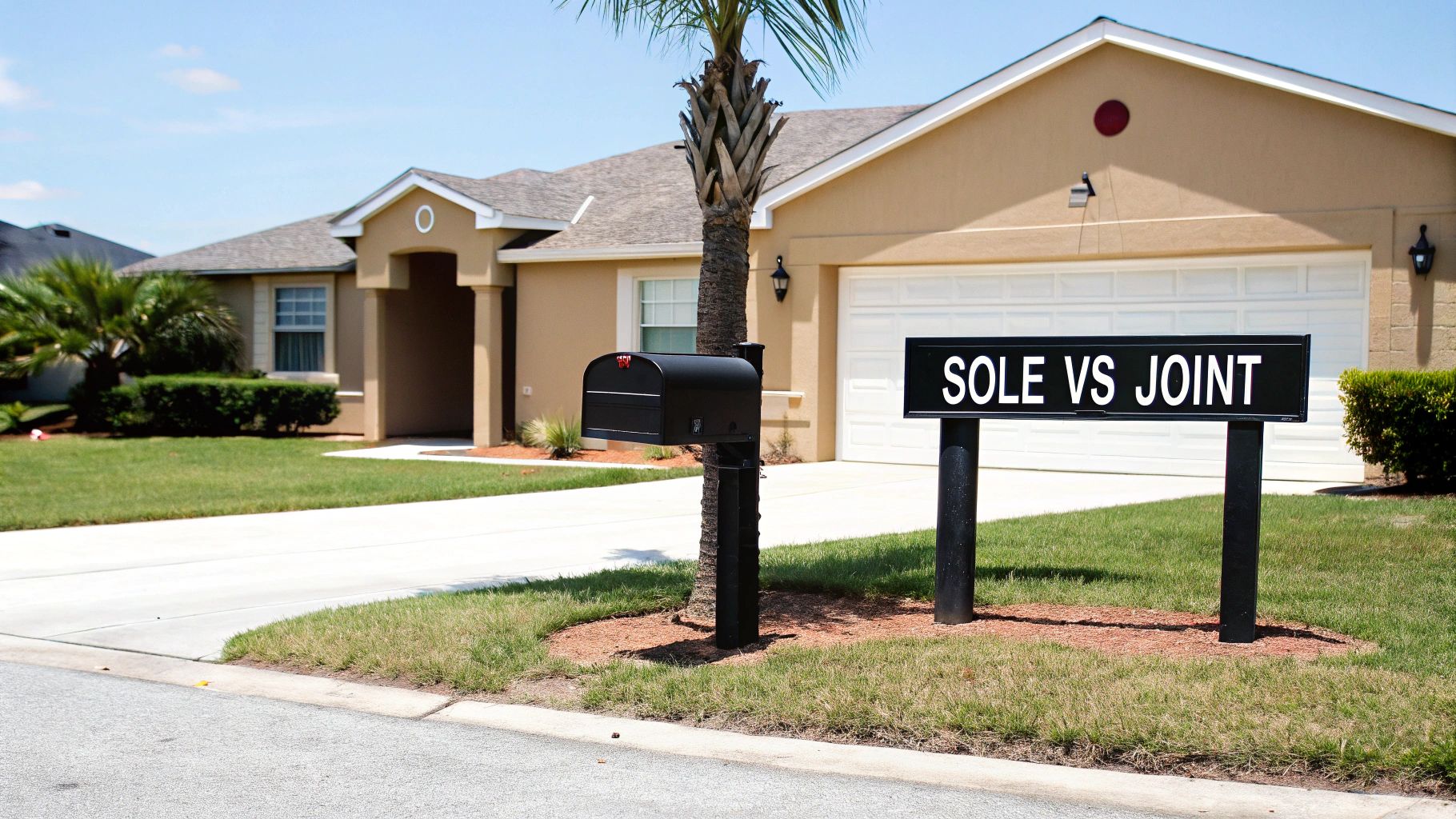 A house with a front yard, driveway, and a black sign reading "SOLE VS JOINT".