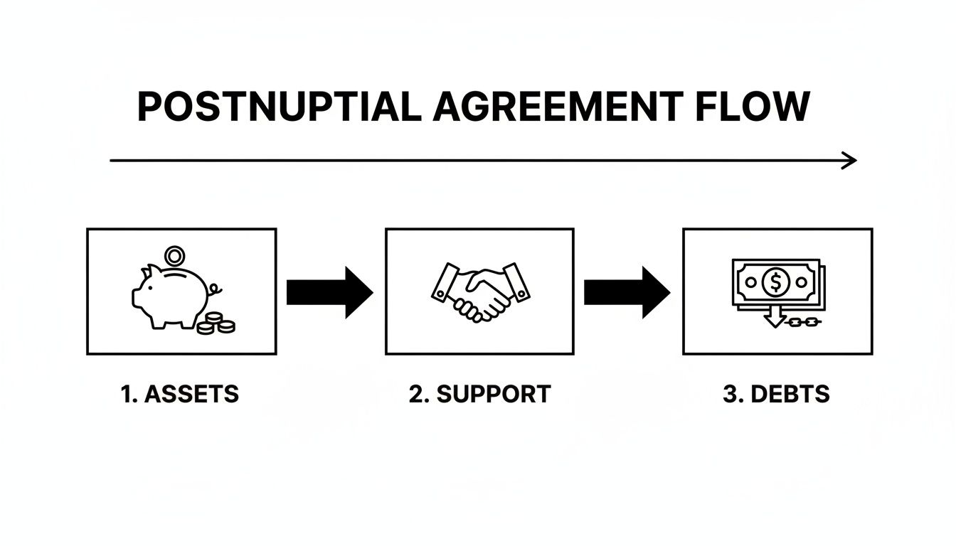 A flowchart illustrating the postnuptial agreement flow with steps for assets, support, and debts.