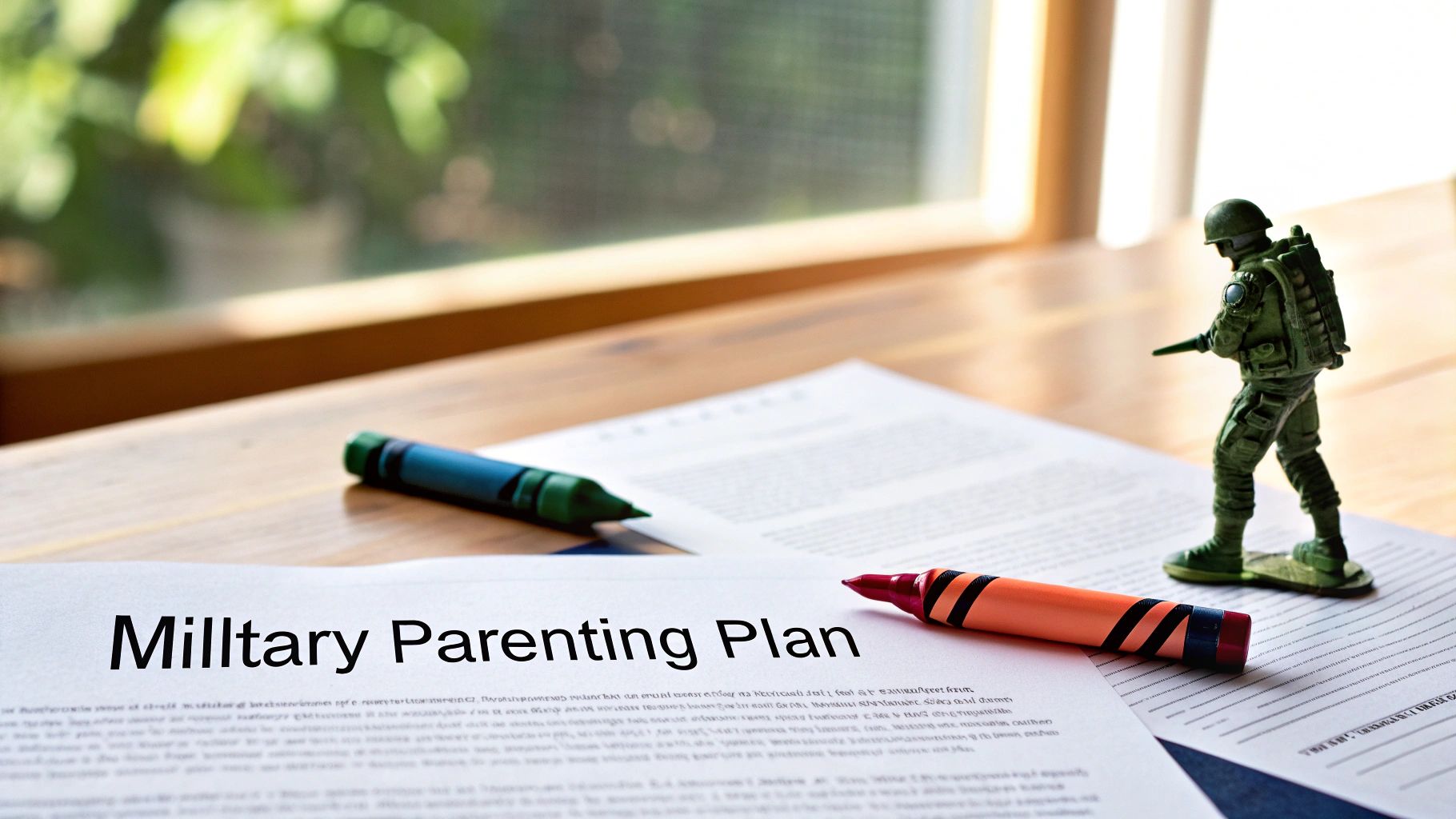 A Military Parenting Plan document with crayons and a toy soldier on a wooden desk.