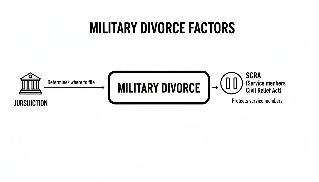 Flowchart illustrating military divorce factors, detailing jurisdiction and the Service Members Civil Relief Act (SCRA).