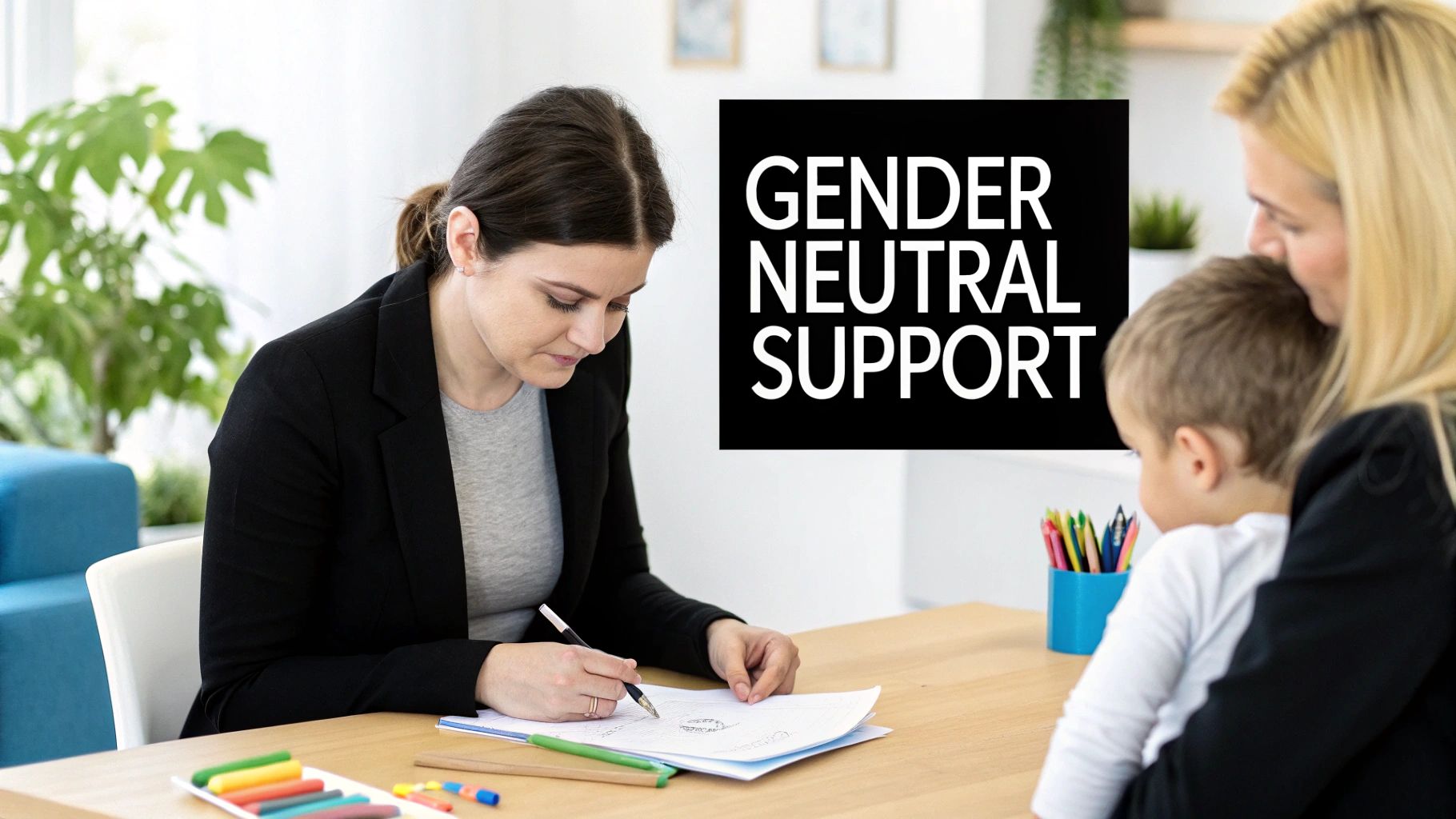 Woman writes at a table while another woman holds a child, with "GENDER NEUTRAL SUPPORT" text.