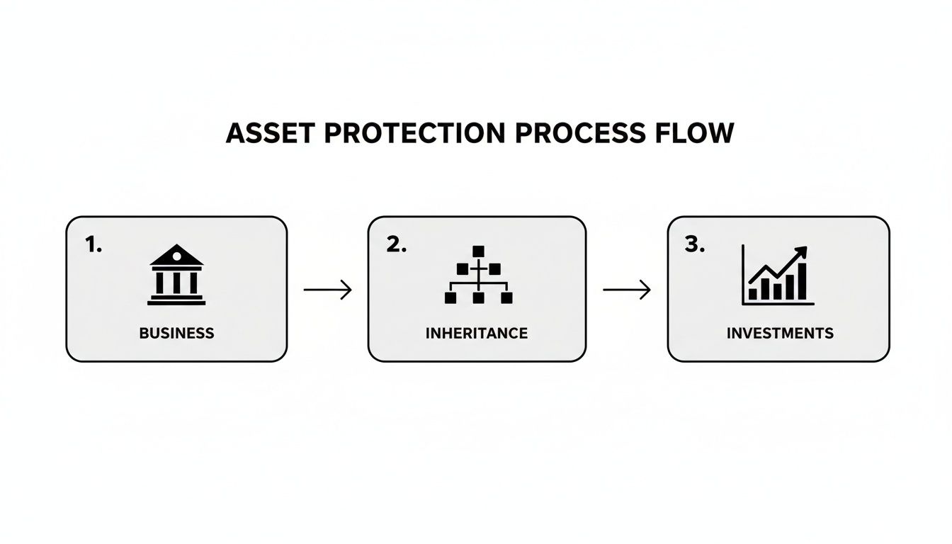 A process flow diagram illustrating asset protection steps for business, inheritance, and investments.