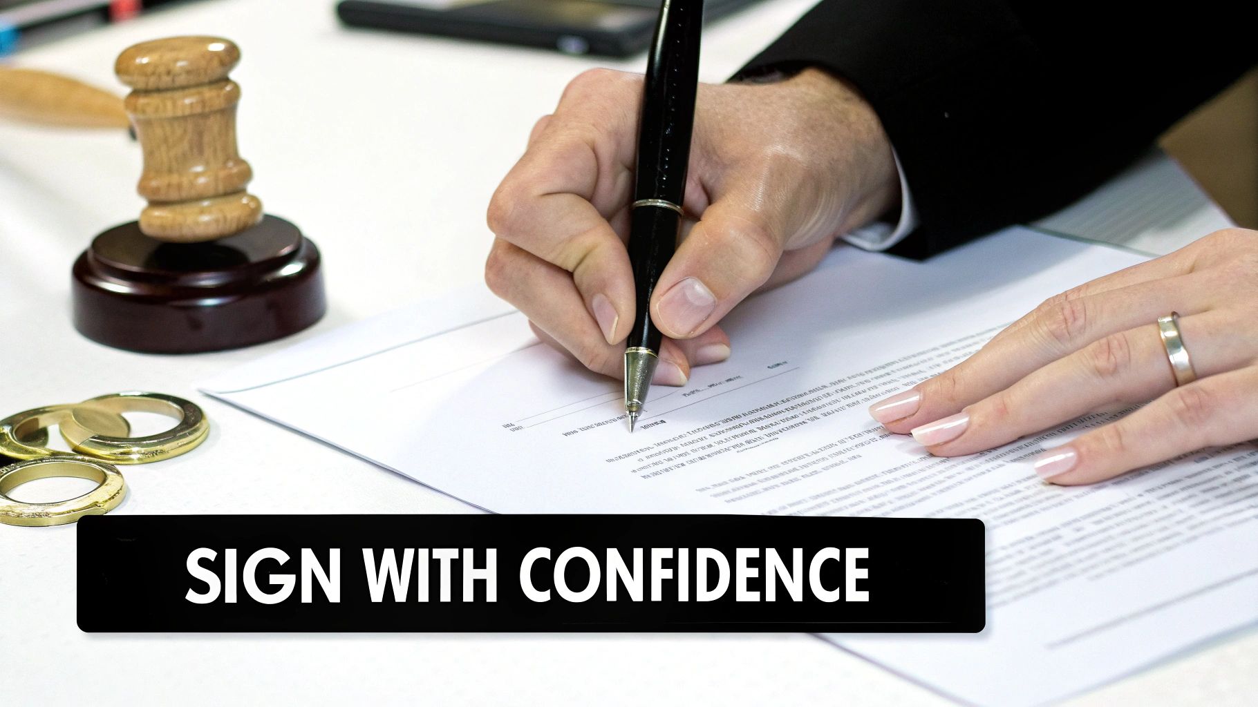 A person signing a legal document with a pen, with a gavel and rings nearby.