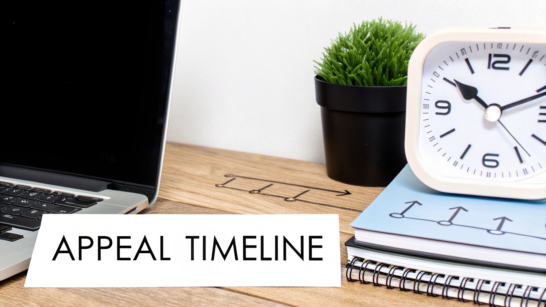 Close-up of a desk showing a laptop, plant, alarm clock, and a paper with 'APPEAL TIMELINE'.