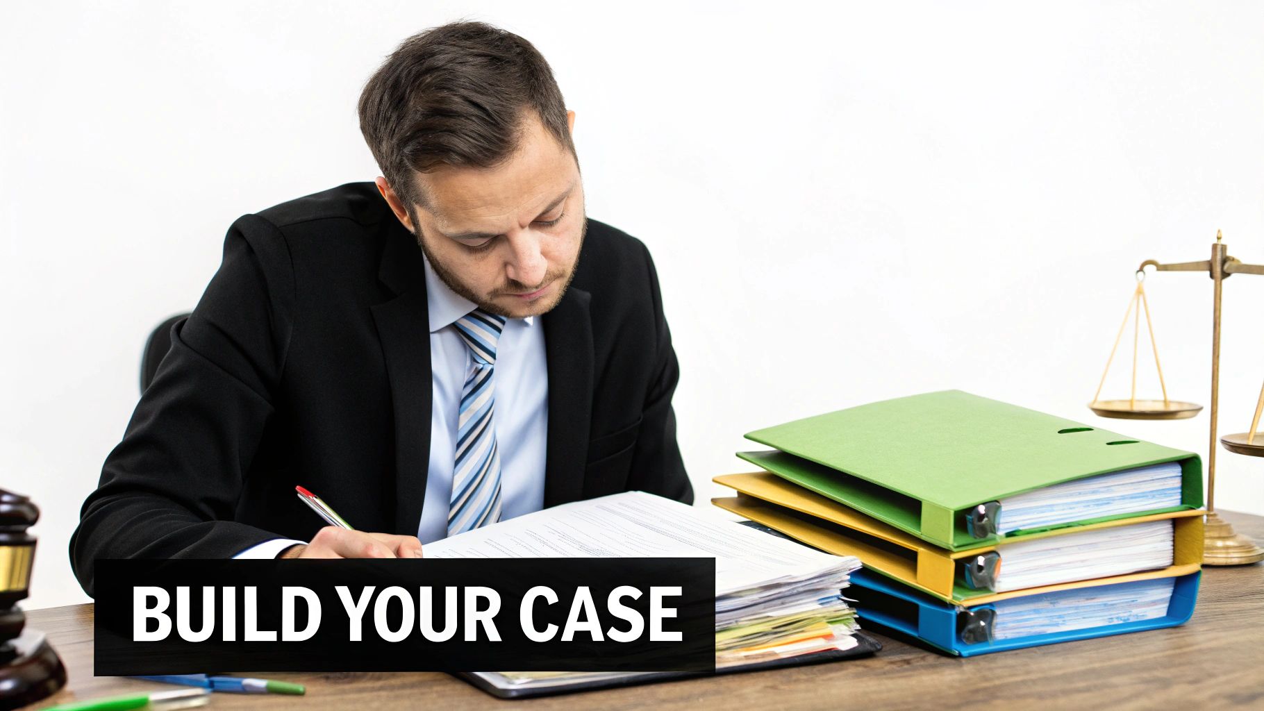 A legal professional reviews documents at a desk with binders, a gavel, and scales of justice.