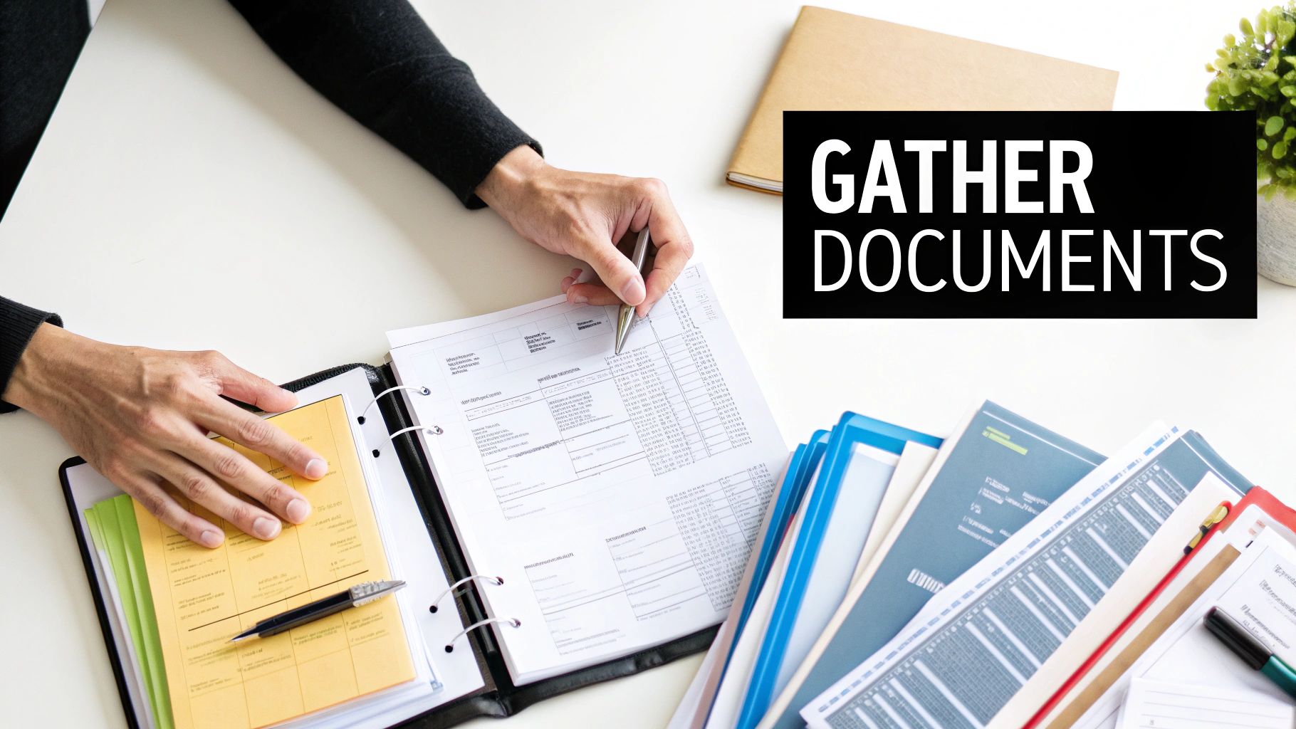 Hands reviewing papers in a binder on a white desk with 'GATHER DOCUMENTS' text.