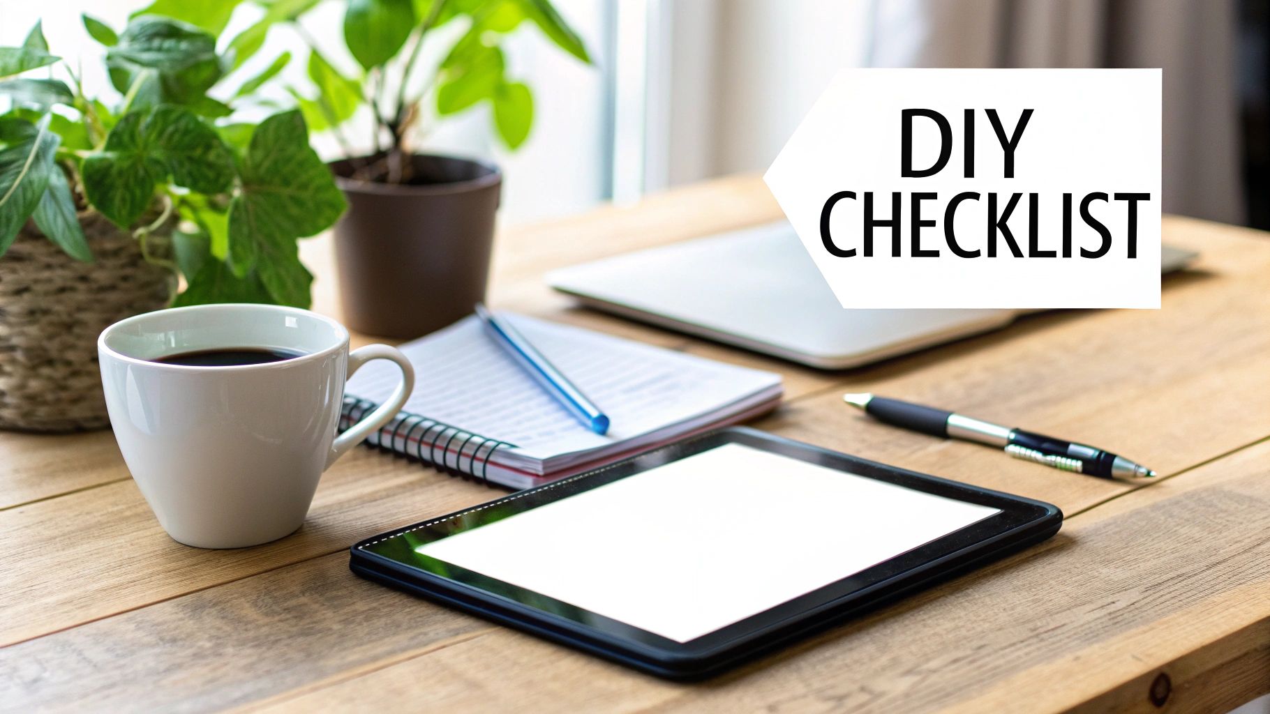 A workspace with a coffee cup, plants, notebook, tablet, and a 'DIY CHECKLIST' banner.