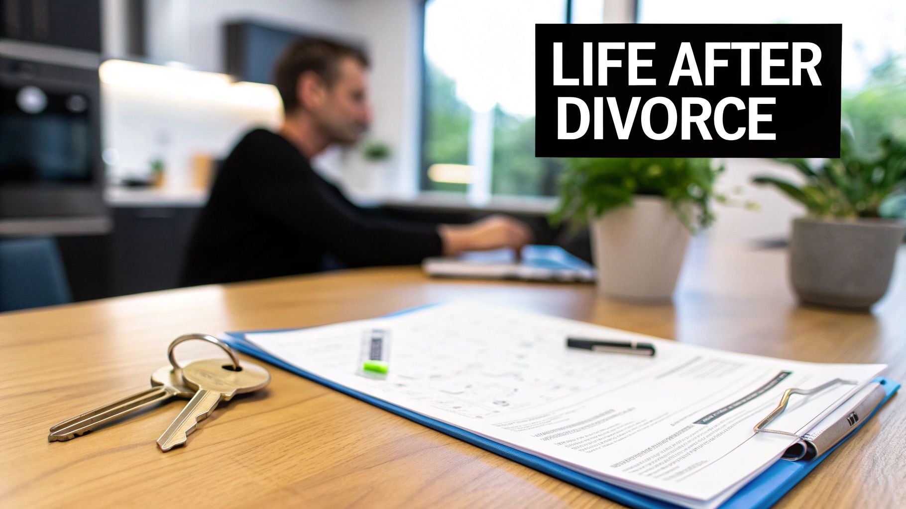 Keys and divorce papers on a table with a man working, symbolizing life after divorce.