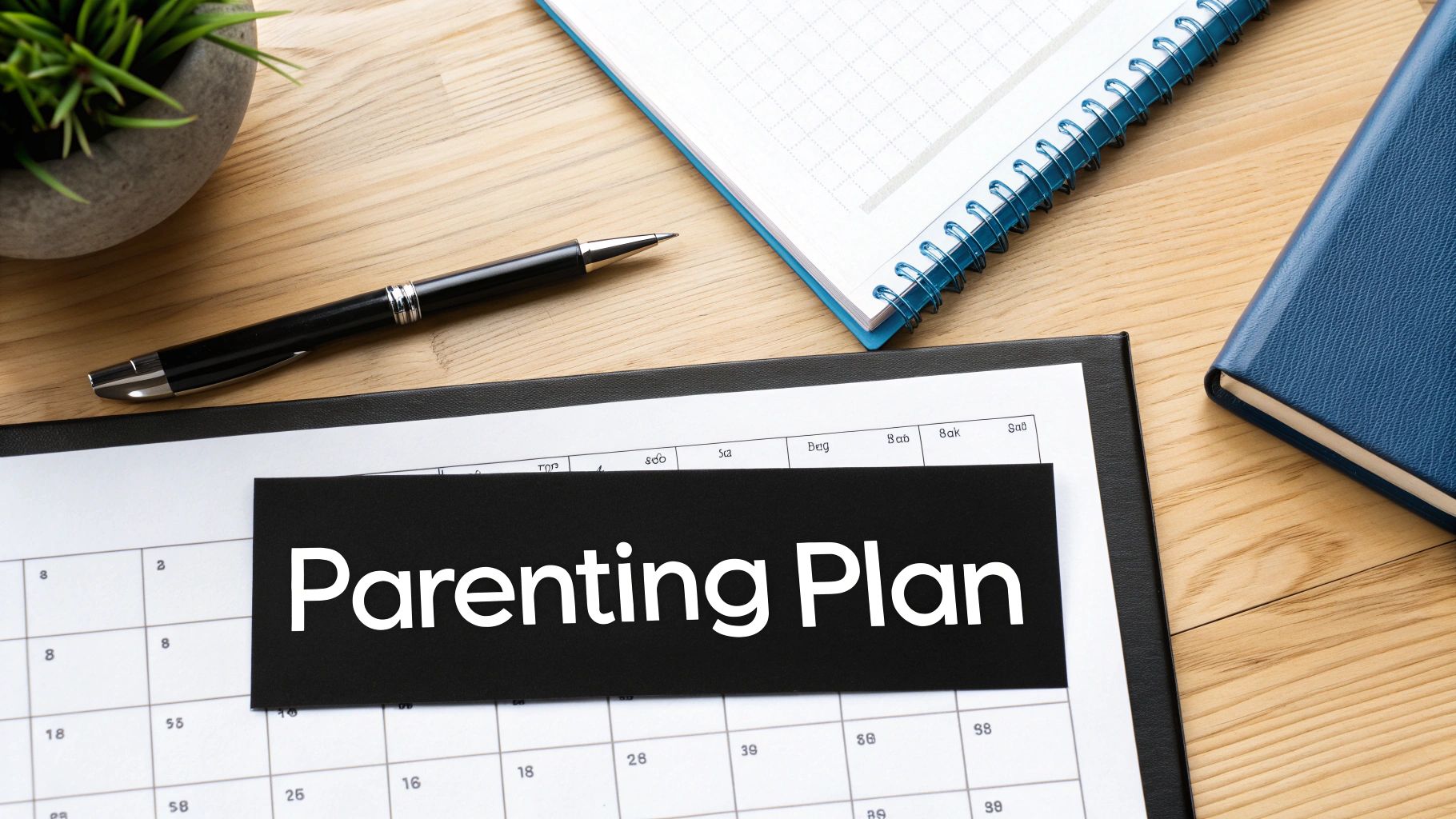 A 'Parenting Plan' card rests on a calendar, alongside a pen, notebook, and plant on a wooden desk.