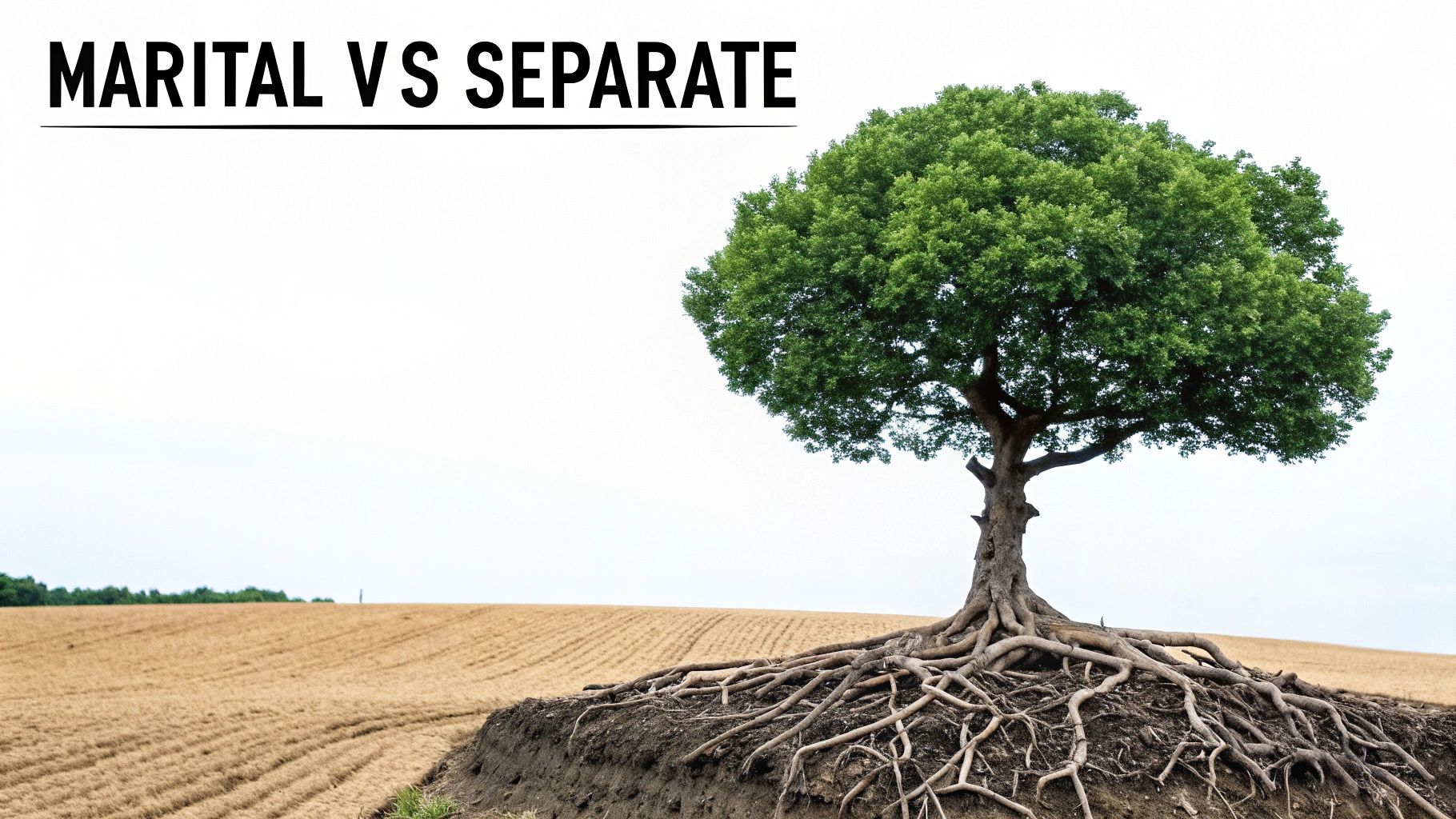 A tree with exposed roots on a patch of ground next to a field, with the text 'MARITAL VS SEPARATE'.
