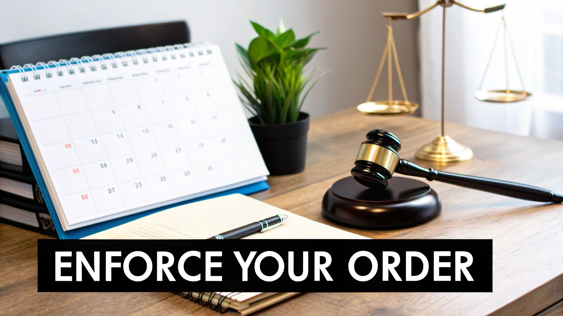 A judge's gavel, scales of justice, calendar, and a pen on a desk with 'ENFORCE YOUR ORDER' text.