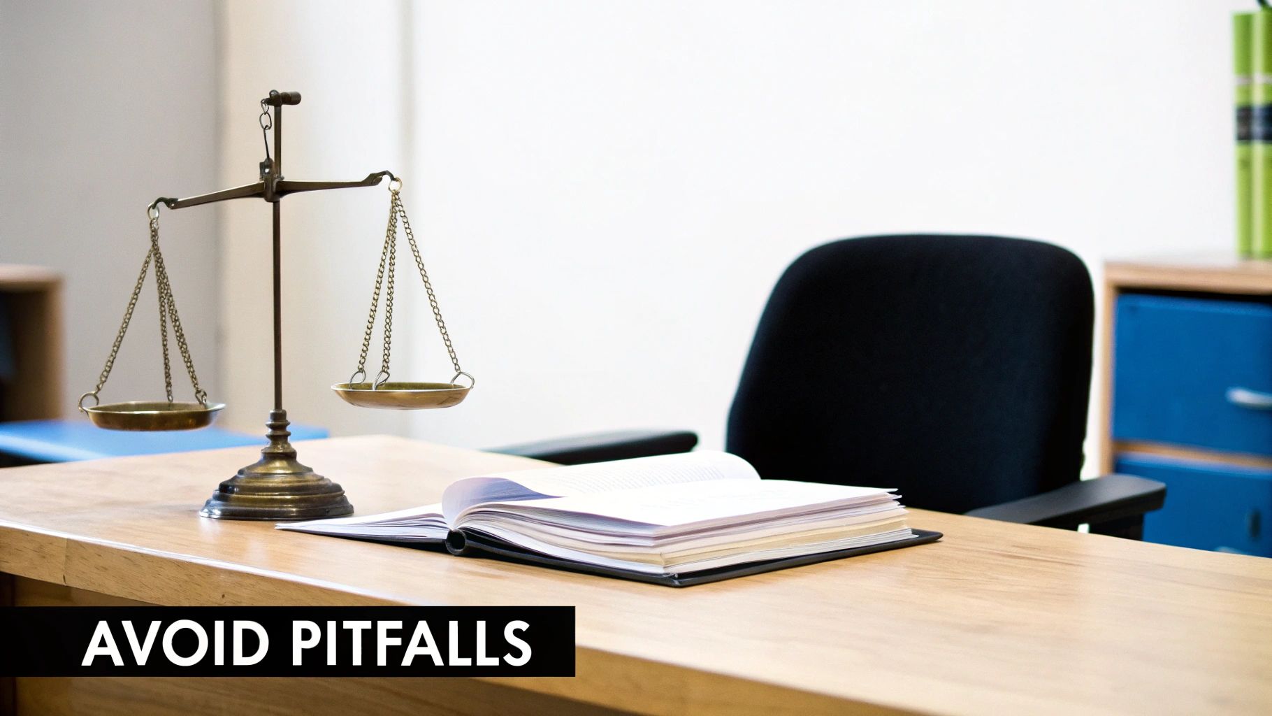 A scale of justice, an open law book, and an office chair on a wooden desk with text 'AVOID PITFALLS'.