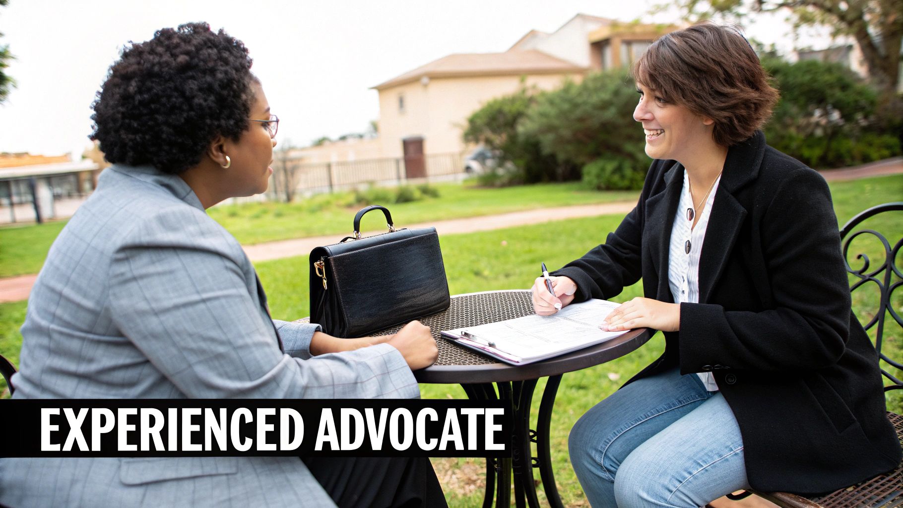 Two women, one writing on a clipboard and one listening, consult at an outdoor table.