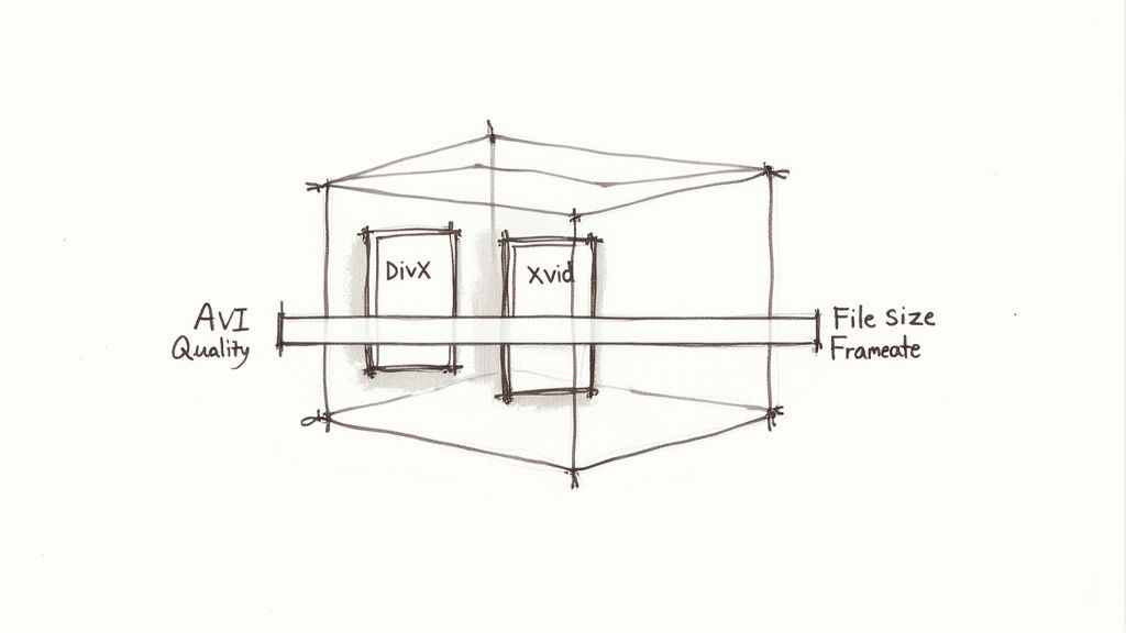 Hand-drawn diagram showing AVI quality, DivX, Xvid codecs, file size, and framerate parameters within a 3D box.