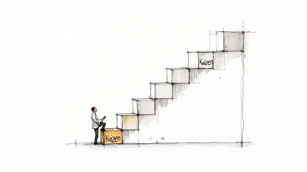 Infographic illustrating the Kaizen cycle: Plan, Do, Check, Act, emphasizing its continuous and cyclical nature for ongoing improvement.
