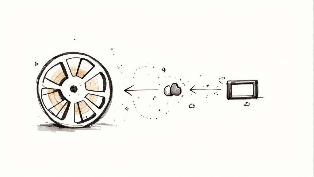 Hand-drawn diagram illustrating a film reel, a central data cloud, and a display screen.