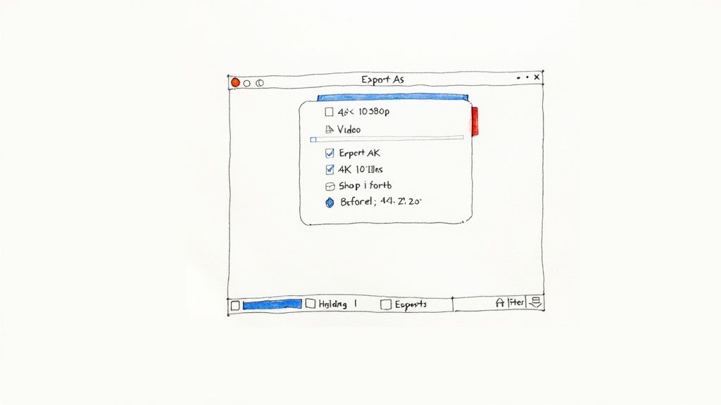 A hand-drawn sketch of an 'Export As' dialog box on a computer screen, with video export options and a progress bar.