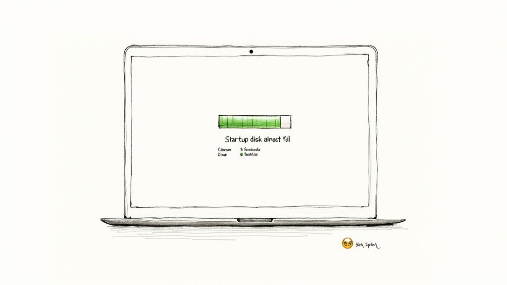 Laptop screen displaying startup disk almost full warning with green storage bar indicator