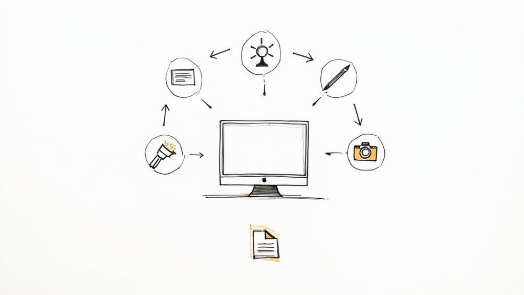 Hand-drawn diagram of a computer central to a digital workflow with tools and documents.