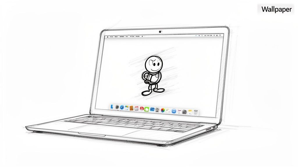 A detailed sketch of a MacBook laptop displaying a cartoon character as its screen wallpaper.