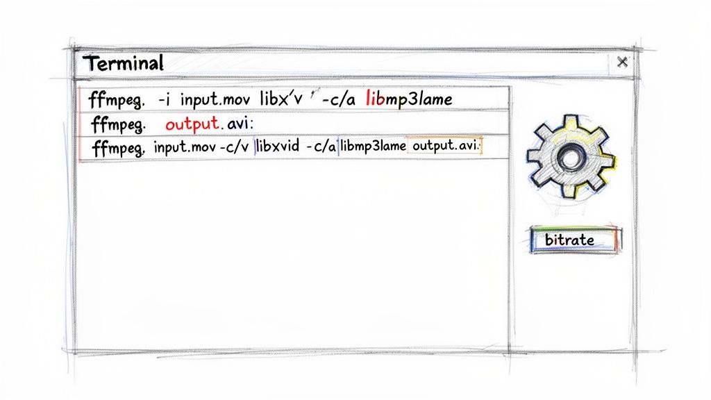 A sketched terminal window displays ffmpeg commands for converting a QuickTime video to AVI format, with codecs and bitrate.