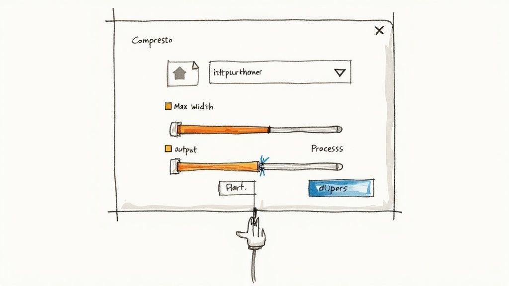 A hand interacts with a sketch of a "Compresto" app window featuring sliders and buttons.