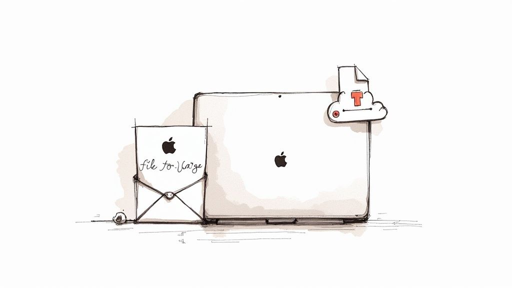 A person working on a MacBook with video editing software, showing frustration over a large file size error message.