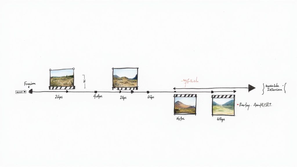 Timeline diagram showing video frame rates with landscape photos at 24fps, 60fps intervals and refresh rate