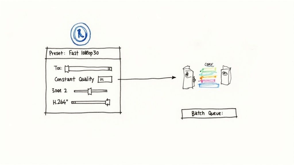 Hand-drawn diagram shows video compression settings, including H.264 codec, leading to compressed files and a batch queue.