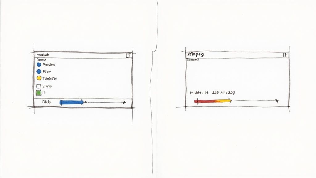 The main user interface of HandBrake, showing options for source selection, presets, and output settings.