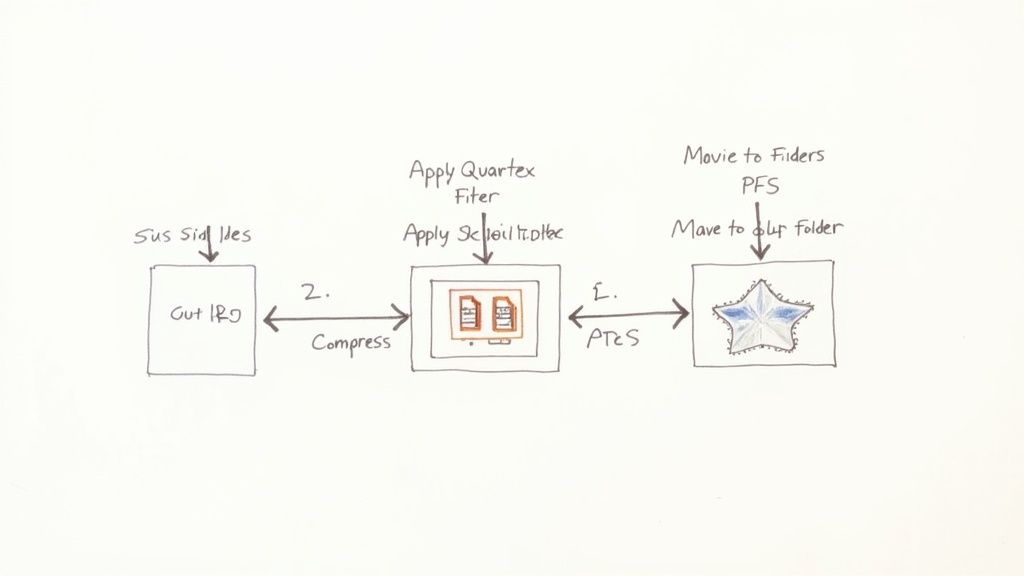 A handwritten workflow diagram illustrating steps for processing and compressing files between different folders.