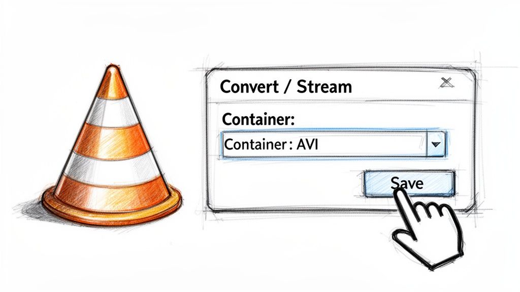 A hand clicks 'Save' on a sketched 'Convert / Stream' dialog box, showing 'Container: AVI', next to a VLC media player cone icon.