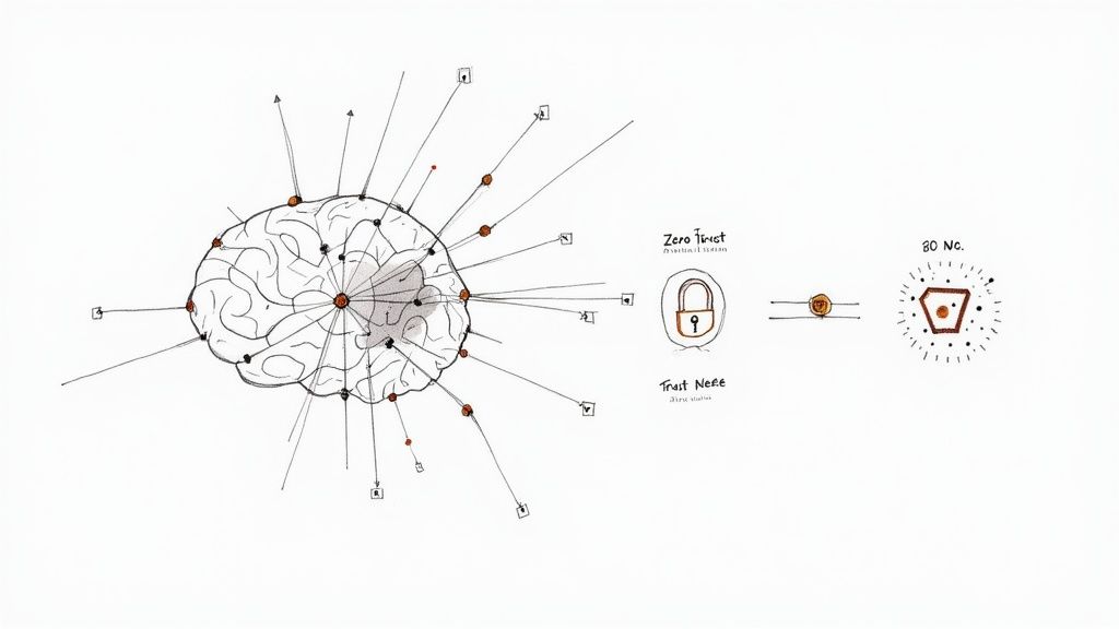 A futuristic digital interface showing security data and network connections