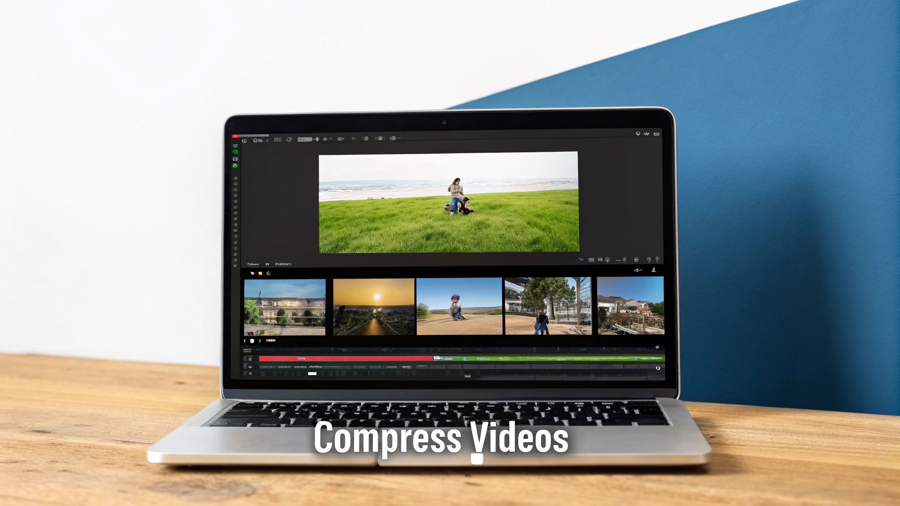 A MacBook on a desk with video editing software open, illustrating the process of video compression.
