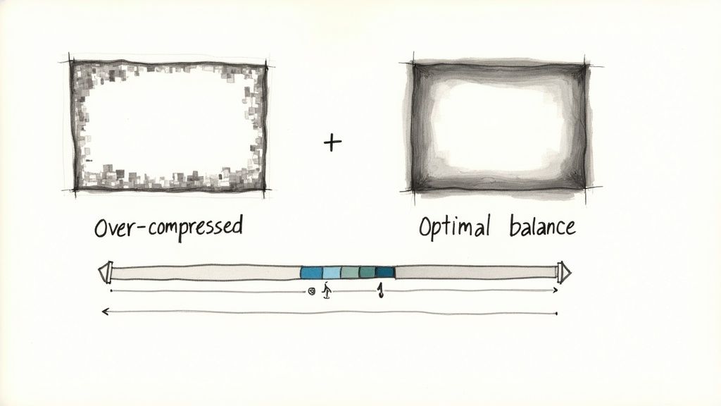 A split-screen image showing a high-quality video on one side and a heavily compressed, pixelated version on the other.