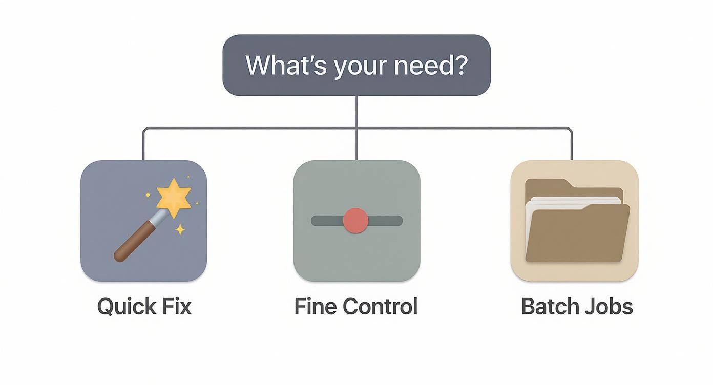 Diagram presenting three user needs: Quick Fix, Fine Control, and Batch Jobs, each with a distinct icon.