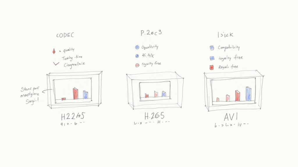 Hand-drawn comparison of three video codecs (H.264, H.265, AVI) showing features like quality, compatibility, and royalty-free status.