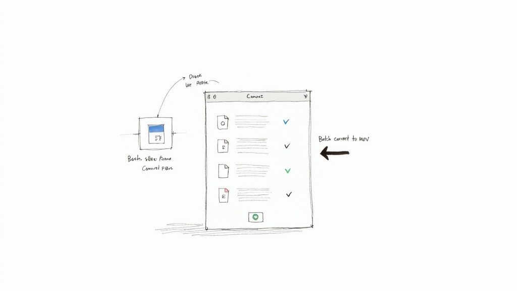 Batch file conversion interface showing multiple files being converted with checkmarks indicating completion