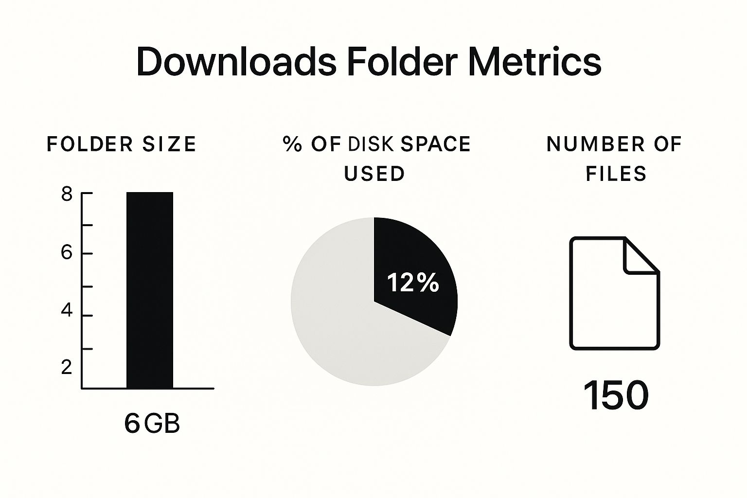 An infographic showing that a typical Downloads folder can be large, take up a significant percentage of disk space, and contain many files.