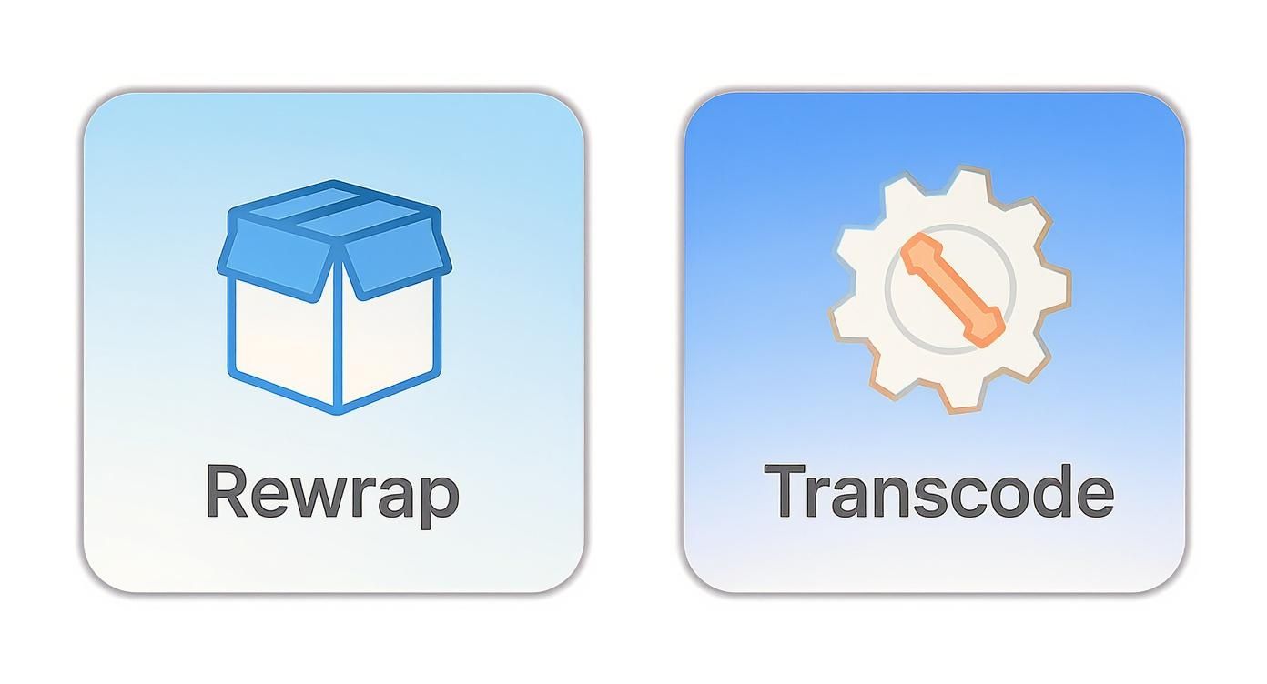 Infographic decision tree asking whether to rewrap or transcode AVCHD to MP4, with icons for speed/quality versus file size/compatibility.