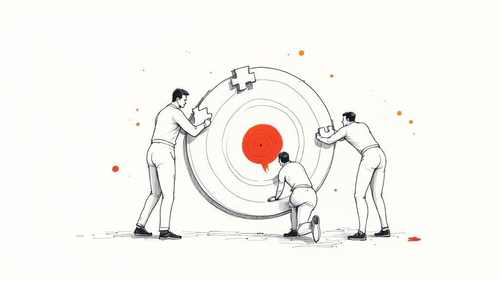 A team collaborating around a table with laptops, illustrating a productive work environment.