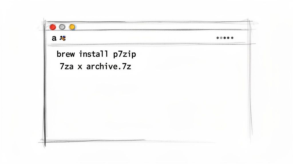 A sketch of a terminal window showing commands to install p7zip and extract a 7z archive.