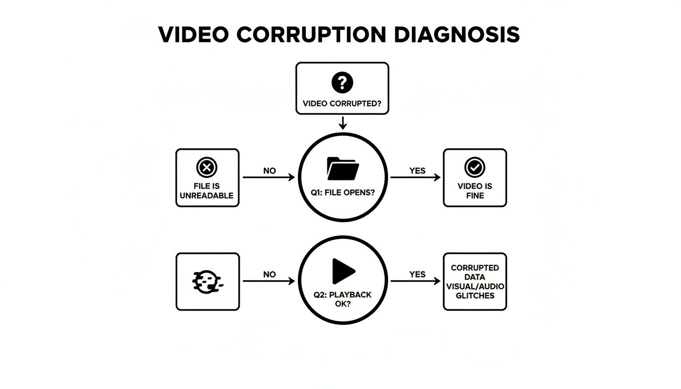 A flowchart detailing steps to diagnose if a video file is corrupted, checking opening and playback.