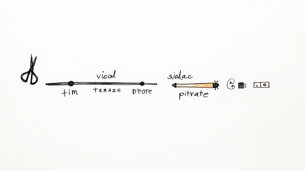 A technical diagram illustrating a process with scissors, a slider, and various labels and icons.