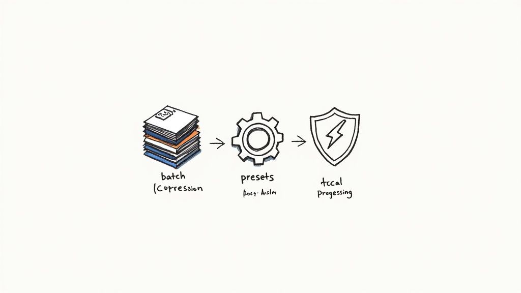 Hand-drawn diagram of a data processing workflow: batch compression, presets, then tccal processing.