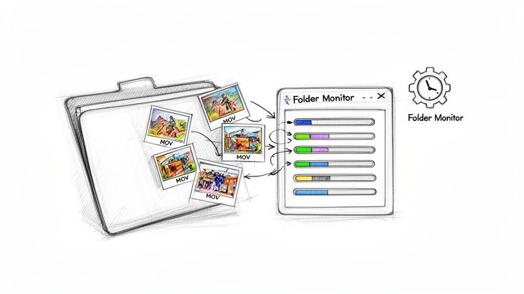 A sketch illustrating MOV files in a folder being monitored by a 'Folder Monitor' application.