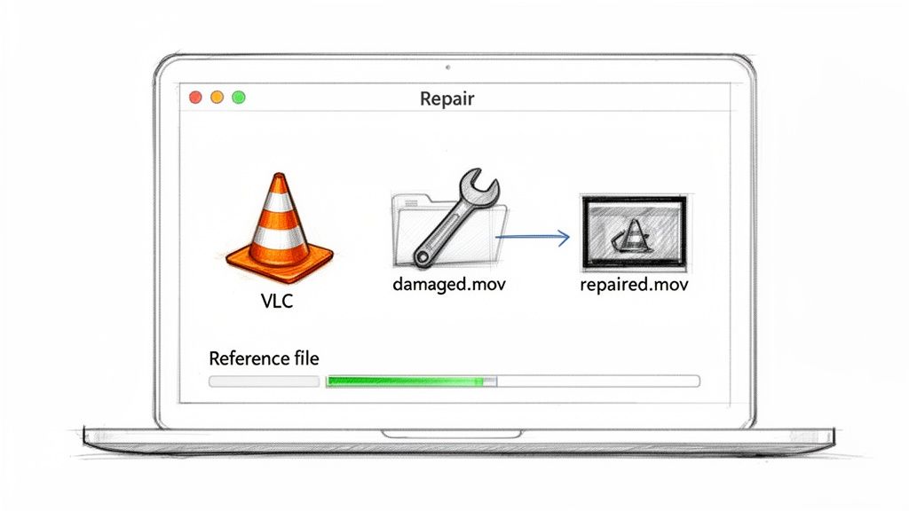 A laptop screen illustrating the process of repairing a damaged video file, showing VLC, damaged.mov, and repaired.mov.