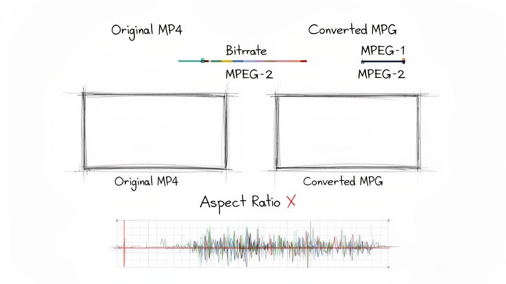 Diagram comparing original MP4 and converted MPG video, showing bitrate, MPEG codecs, aspect ratio, and waveform.